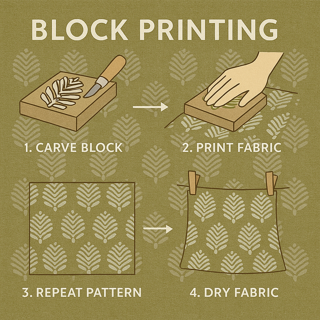 Carve Block – a wooden block being carved with the leaf design.