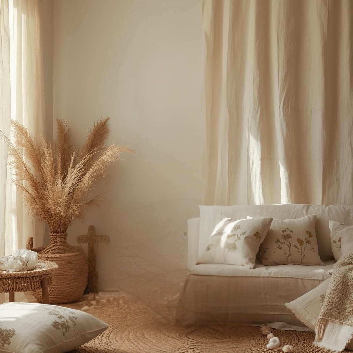 A modern American living room in 2025 with calico curtains and cushion covers, featuring unbleached cotton fabric with natural speckles and delicate prints, styled in a sustainable eco-friendly interior.