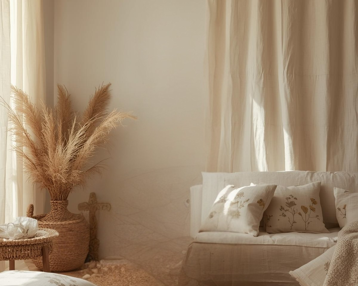 A modern American living room in 2025 with calico curtains and cushion covers, featuring unbleached cotton fabric with natural speckles and delicate prints, styled in a sustainable eco-friendly interior.
