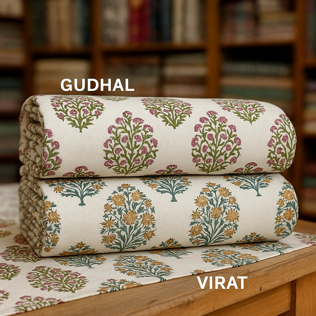 Close-up of maroon cotton fabric with tiny white floral block prints, artistically bunched and folded for texture display.