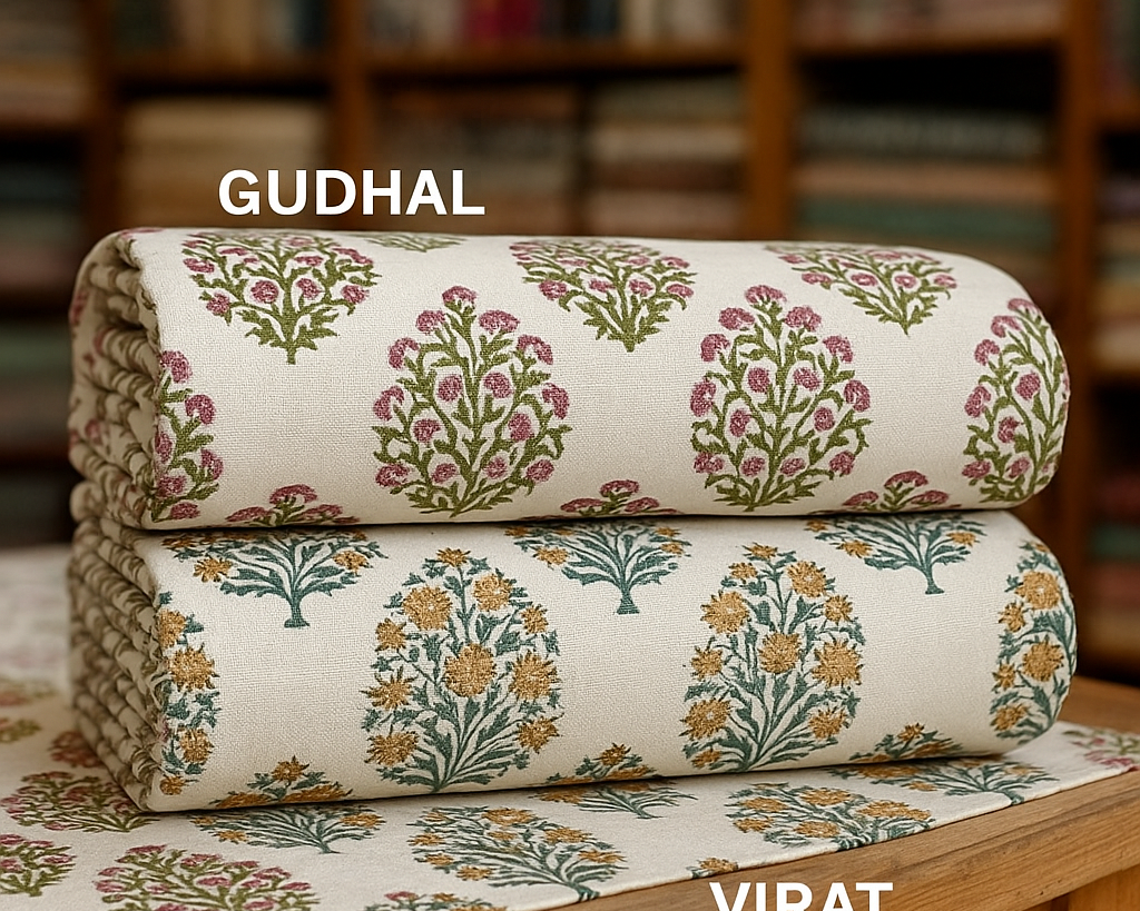 Close-up of maroon cotton fabric with tiny white floral block prints, artistically bunched and folded for texture display.