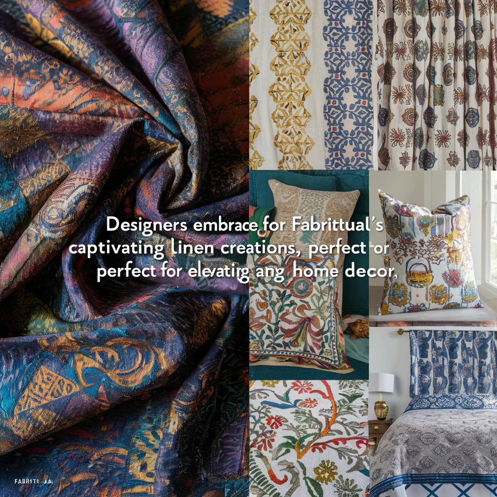 beautifully patterned pure linen fabric, with a single line about designers' admiration for Fabritual's exquisite block-printed linen.