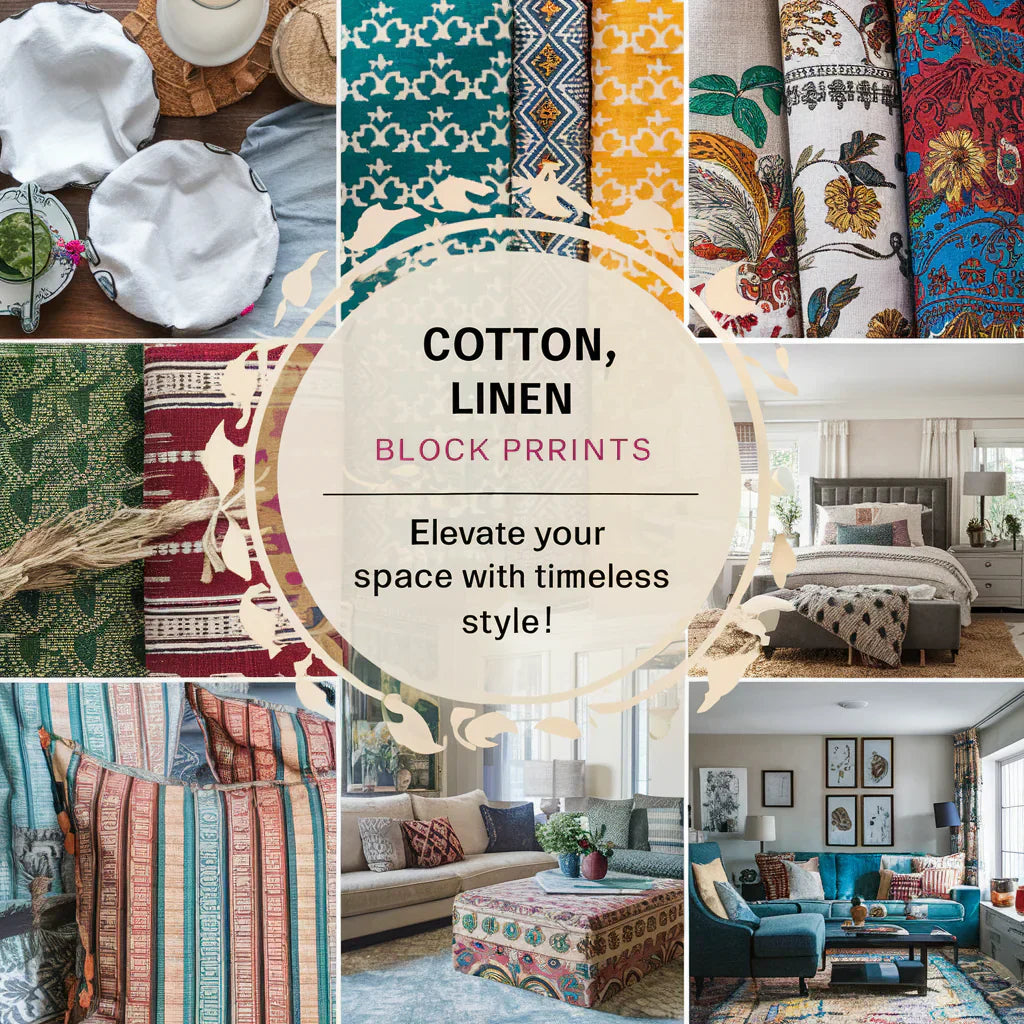 A captivating home decor cover image showcasing a harmonious blend of cotton, linen, and block prints. The attractive layout features a tasteful mix of fabrics, with a vibrant color palette and intricate patterns.
