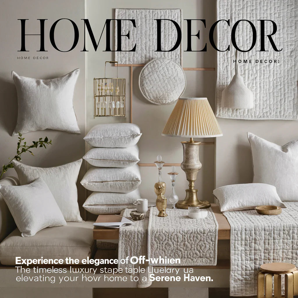 featuring various off-white linen products, such as pillow covers, lampshades, quilts, and table runners. The background is a tasteful blend of neutral colors, enhancing the luxurious appeal of the fabrics. 