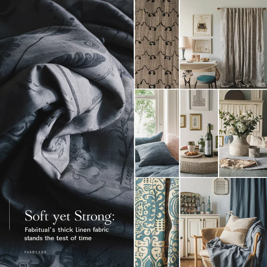 The background showcases various home decor items showcasing the versatility and durability of the linen fabric, such as cushion covers, table runners, and curtains. The overall ambiance is inviting, sophisticated, and timeless.