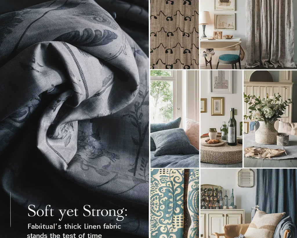 The background showcases various home decor items showcasing the versatility and durability of the linen fabric, such as cushion covers, table runners, and curtains. The overall ambiance is inviting, sophisticated, and timeless.