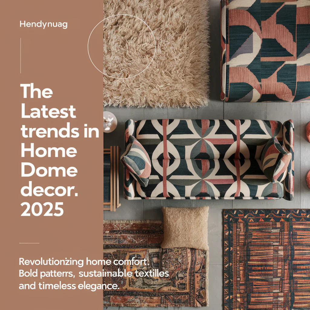 featuring the latest trends in home decor for 2025. The image showcases a modern living room with trendy textiles and furniture. There's a statement sofa with a bold geometric pattern, a plush shag rug, and an intricately woven tapestry.