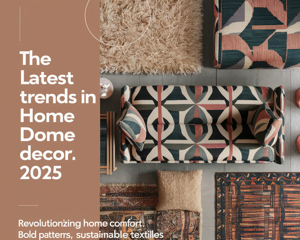 featuring the latest trends in home decor for 2025. The image showcases a modern living room with trendy textiles and furniture. There's a statement sofa with a bold geometric pattern, a plush shag rug, and an intricately woven tapestry.