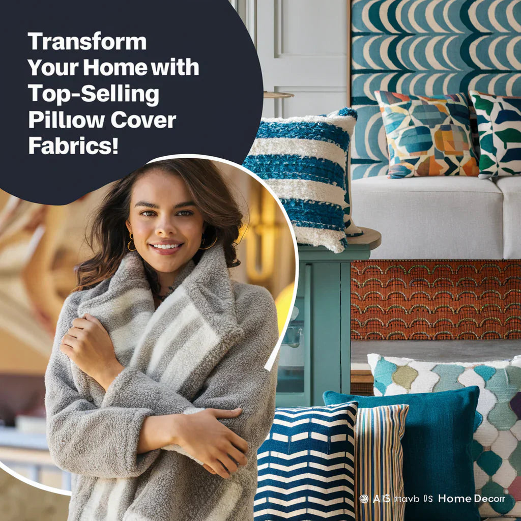 A captivating cover image featuring an attractive model wearing a trendy and cozy pillow cover fabric, showcasing the latest styles in USA's home decor.