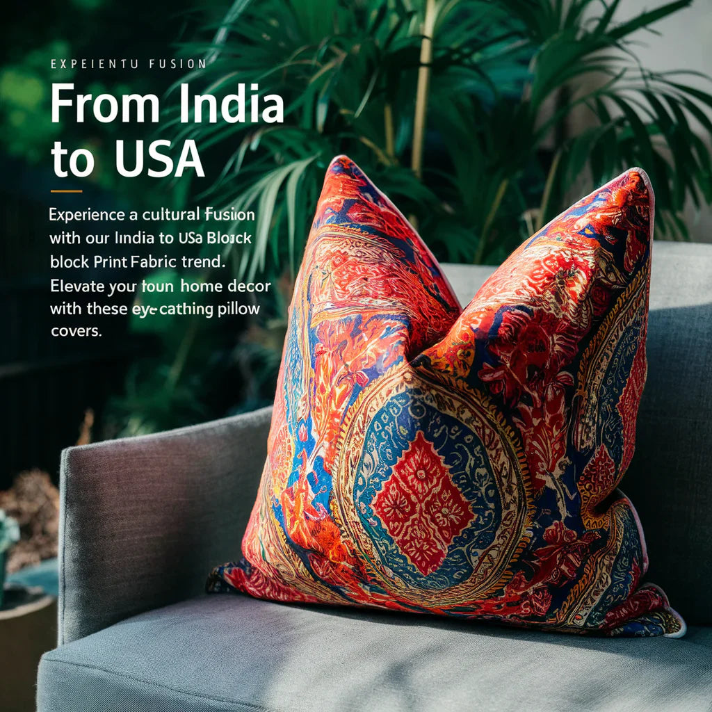 featuring a vibrant block-print fabric, showcasing a beautiful blend of Indian and American design elements. The fabric is depicted as a stunning home decor pillow cover.