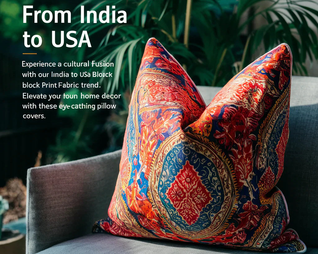 featuring a vibrant block-print fabric, showcasing a beautiful blend of Indian and American design elements. The fabric is depicted as a stunning home decor pillow cover.