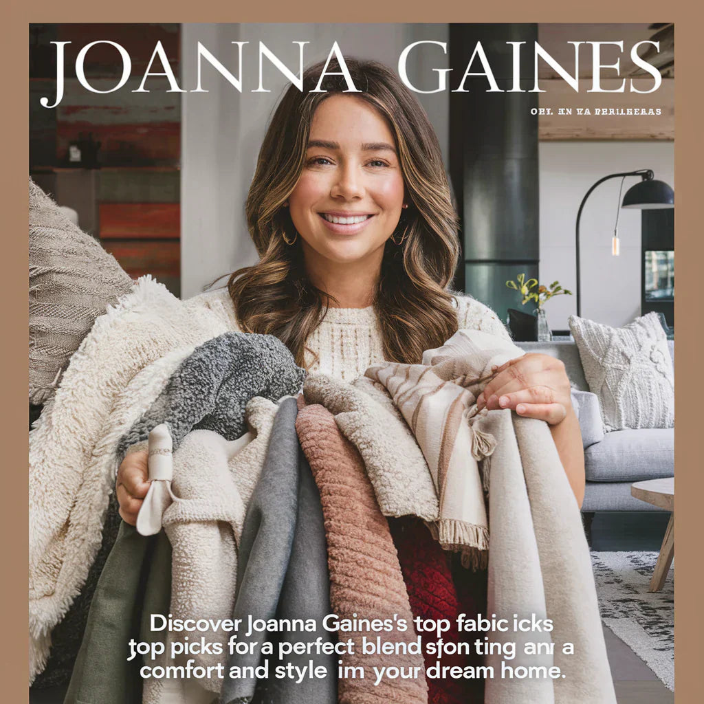 A visually stunning cover image featuring Joanna Gaines, smiling gently and holding a variety of fabrics. The fabrics include soft, cozy textures in neutral tones, with a few pops of color.