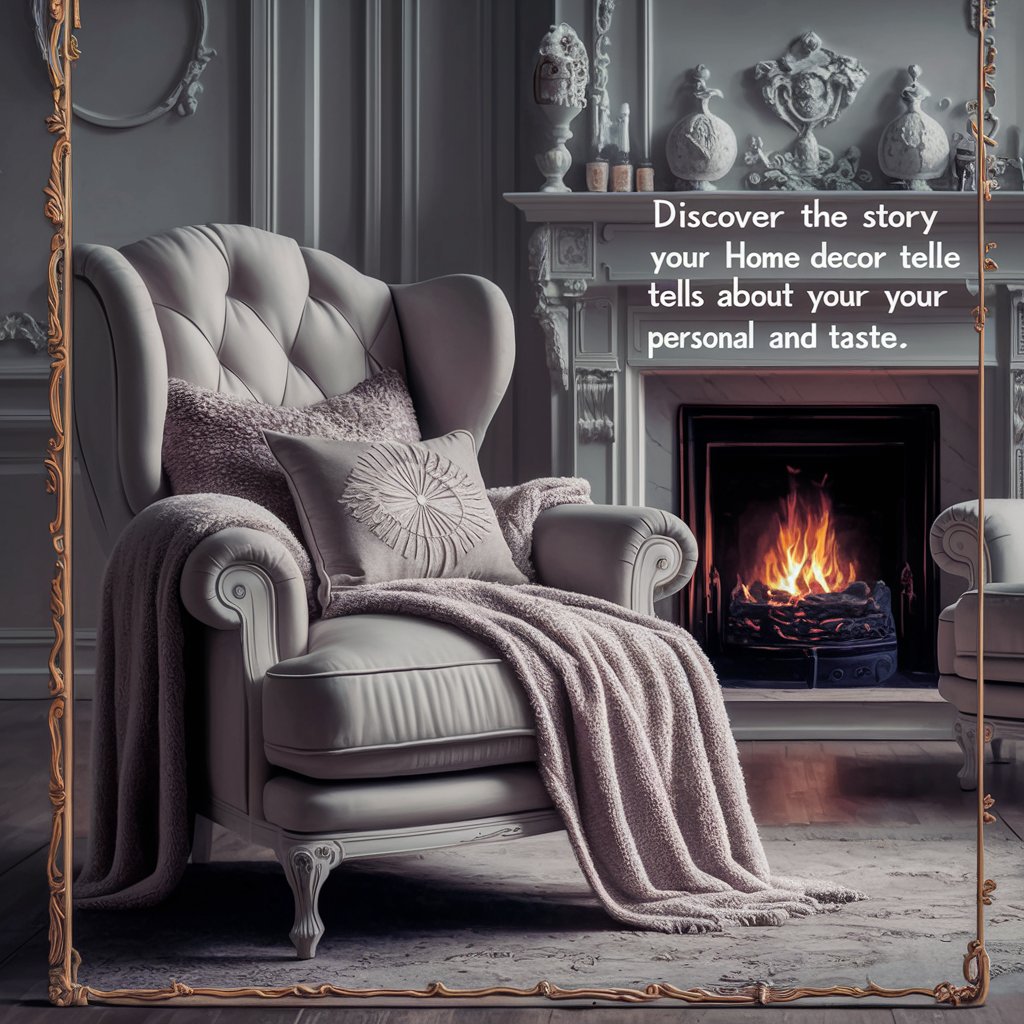 featuring a luxurious, cozy armchair adorned with plush cushions and a warm blanket. The chair is situated in a beautifully decorated living room with elegant, tasteful furniture and a roaring fireplace. 