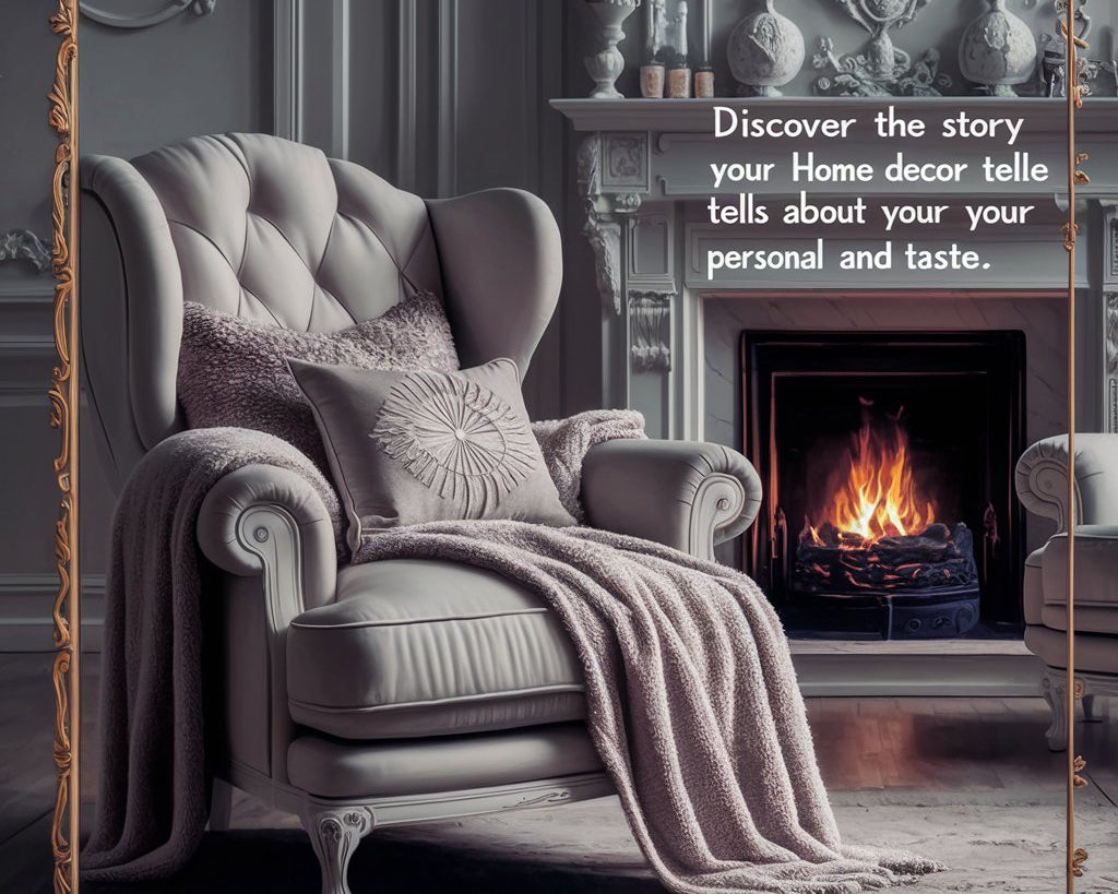 featuring a luxurious, cozy armchair adorned with plush cushions and a warm blanket. The chair is situated in a beautifully decorated living room with elegant, tasteful furniture and a roaring fireplace. 