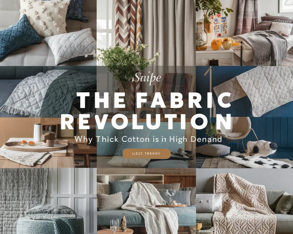 The image showcases an array of cozy and stylish items, including pillow covers, curtains, throw blankets, table runners, and quilts. The thick cotton fabric is showcased in various patterns and colors, reflecting the latest trends in US home decor. 