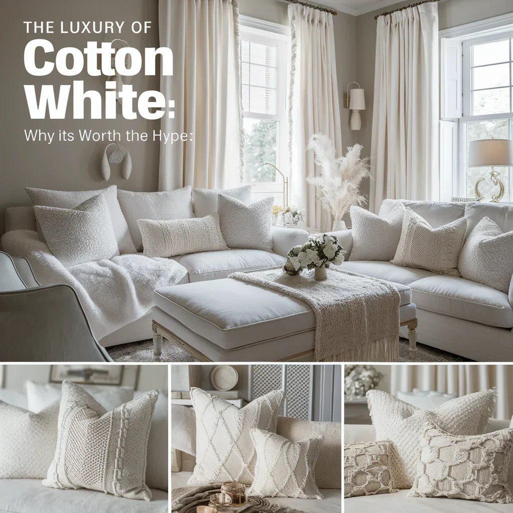 The main focus is on a cozy white couch with plush pillows, accompanied by white curtains and matching throw pillows. Additionally, the scene features a tastefully arranged table runner