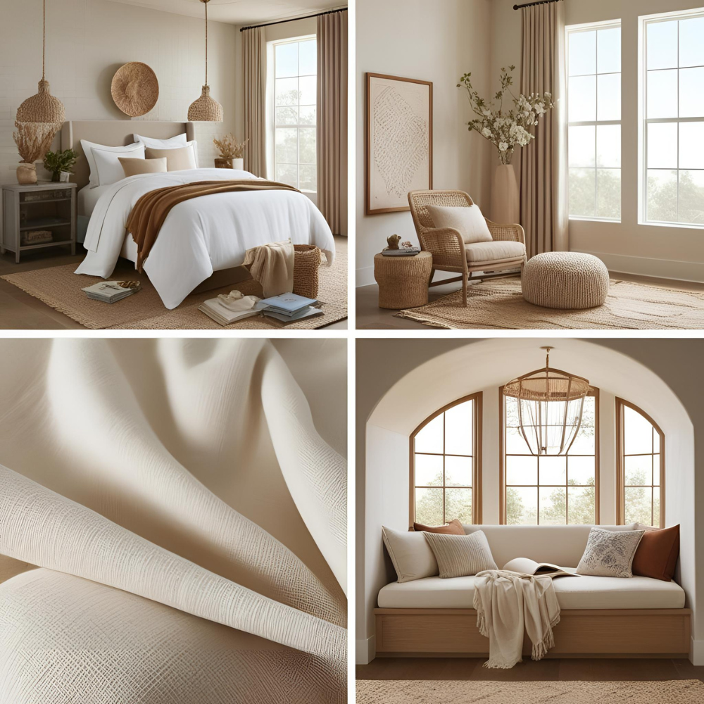 odern 2025 interior design featuring elegant cotton fabrics in a cozy bedroom and stylish reading nook, with soft textures, neutral tones, and relaxed, inviting atmosphere.