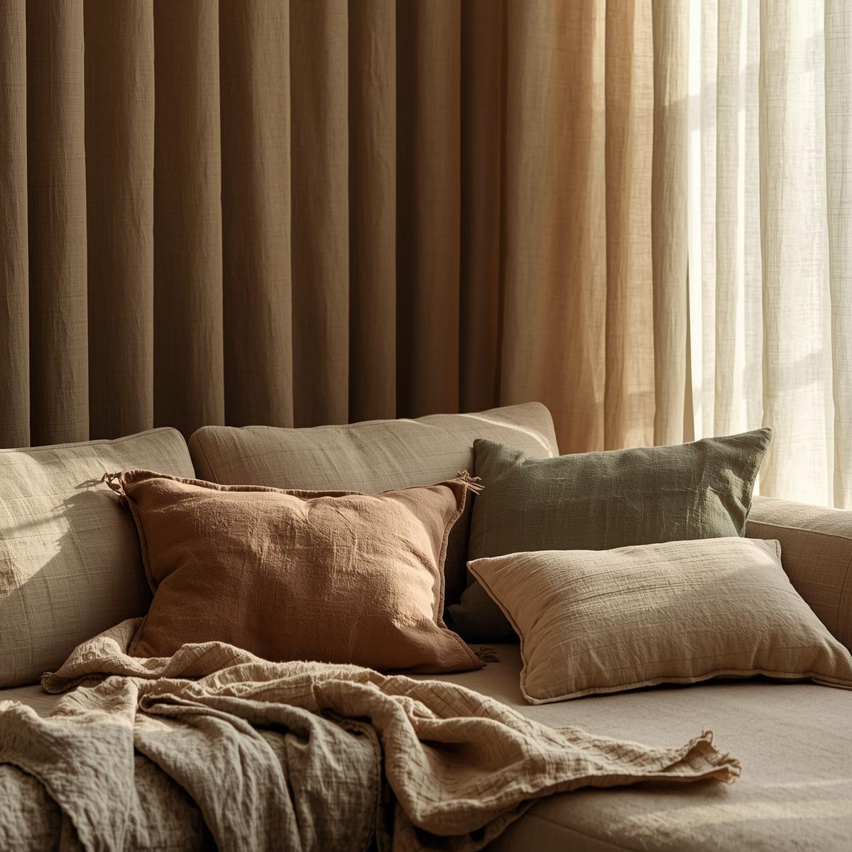Cozy modern room with earthy tones and linen fabrics, featuring stylish slub linen fabric for pillow cover and attire