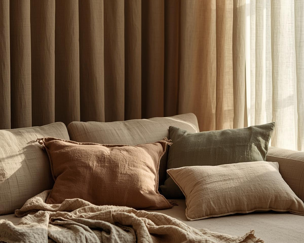 Cozy modern room with earthy tones and linen fabrics, featuring stylish slub linen fabric for pillow cover and attire