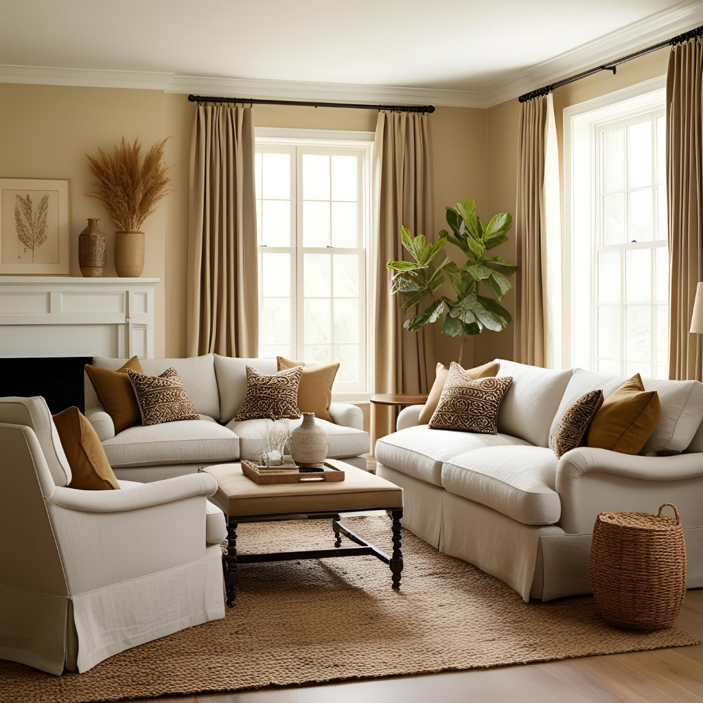 A cozy American living room featuring stylish fabric combinations — soft linen sofas, velvet cushions.