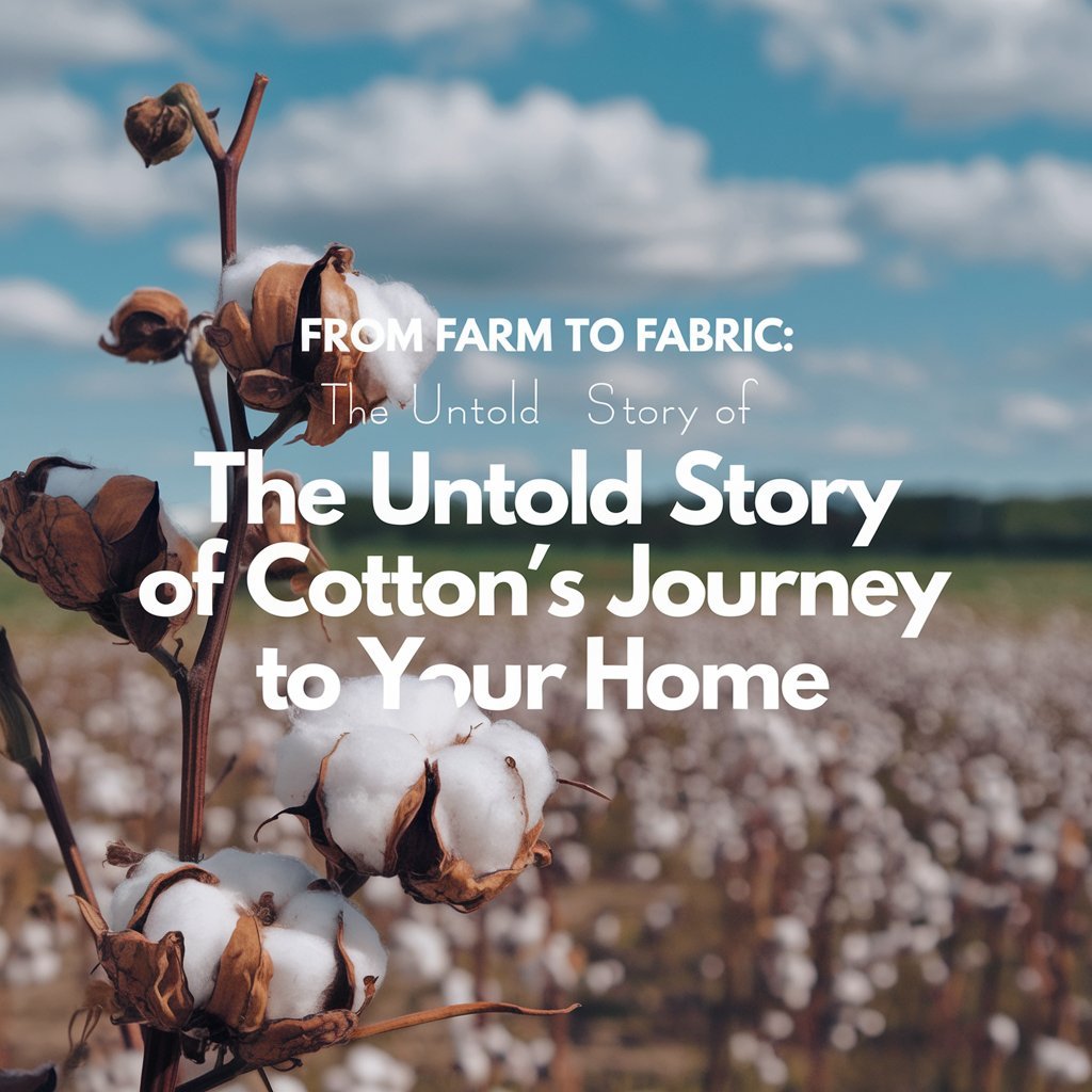 A photo of a cotton plant field with a clear blue sky and fluffy white clouds. In the foreground, there's a cotton boll hanging from the plant. Superimposed on the photo is the text "From Farm to Fabric