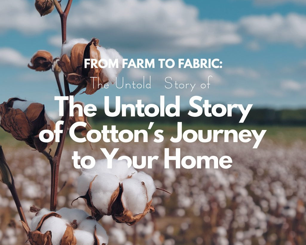 A photo of a cotton plant field with a clear blue sky and fluffy white clouds. In the foreground, there's a cotton boll hanging from the plant. Superimposed on the photo is the text "From Farm to Fabric