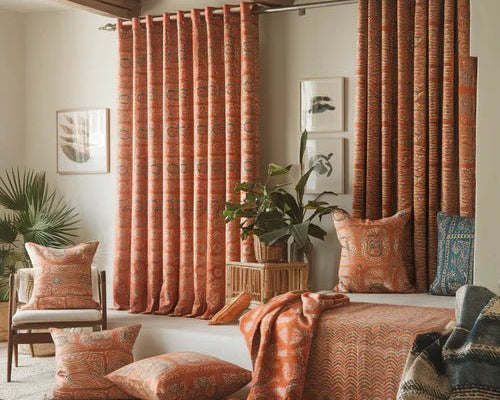 A photo of a home with block print fabric used in various ways. There are throw pillows, curtains, and a blanket. The fabric is a vibrant orange and blue pattern