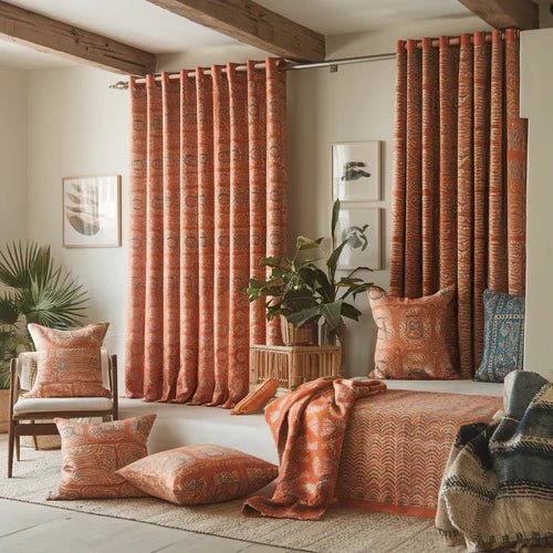A photo of a home with block print fabric used in various ways. There are throw pillows, curtains, and a blanket. The fabric is a vibrant orange and blue pattern