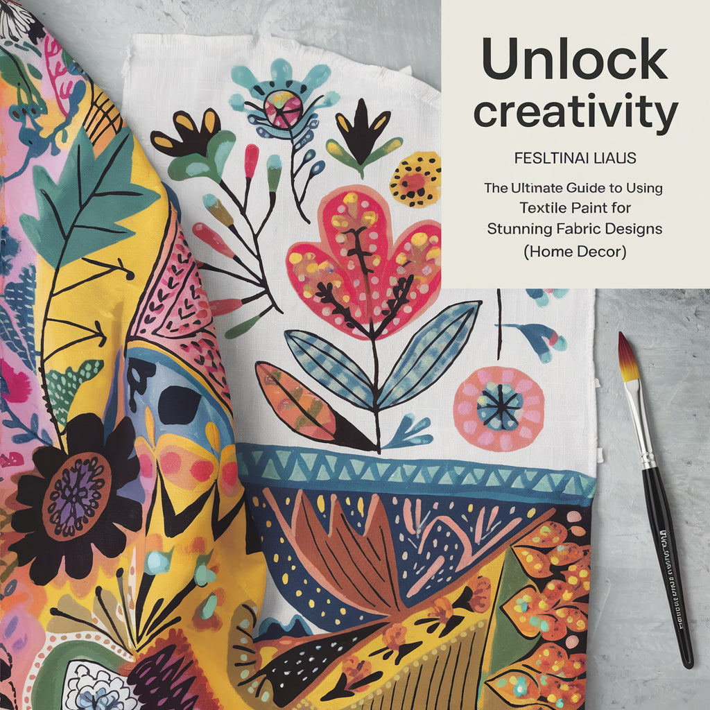 A cover image for "Unlock Creativity: The Ultimate Guide to Using Textile Paint for Stunning Fabric Designs (home decor)". The image shows a fabric with a colorful, abstract pattern of flowers, leaves, and geometric shapes