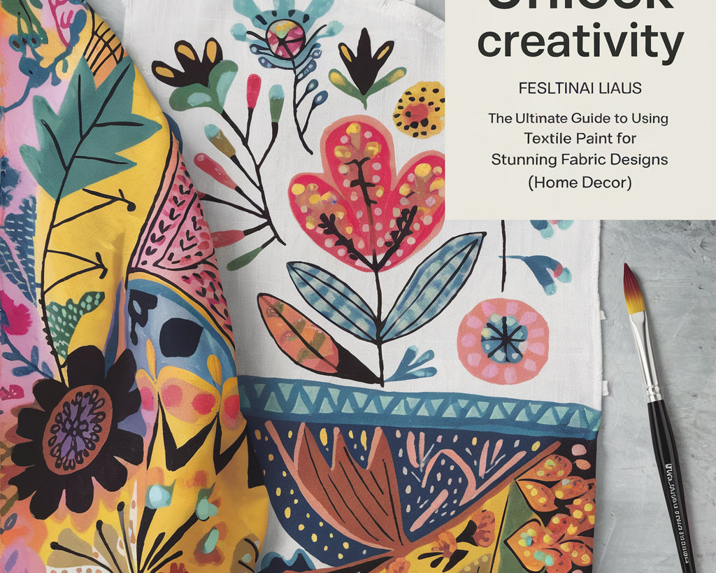 A cover image for "Unlock Creativity: The Ultimate Guide to Using Textile Paint for Stunning Fabric Designs (home decor)". The image shows a fabric with a colorful, abstract pattern of flowers, leaves, and geometric shapes