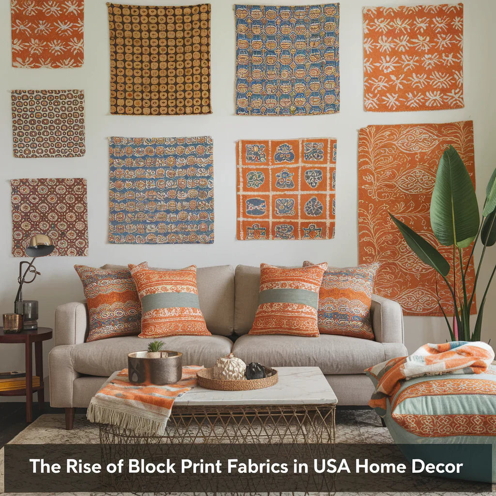 A photo of a living room with a sofa, a coffee table, and a few chairs. The walls are adorned with large, bold block print fabrics in various patterns. The floor is covered with a rug featuring the same block print pattern