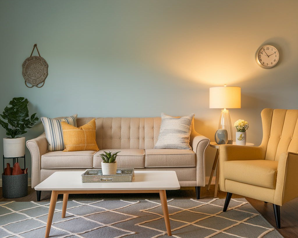 A photo of a living room with a beige couch, a yellow armchair, a white coffee table, and a gray rug. The walls are painted in a soft blue hue. There are also a few decorative items in the room, including a potted plant, a lamp, and a wall clock.