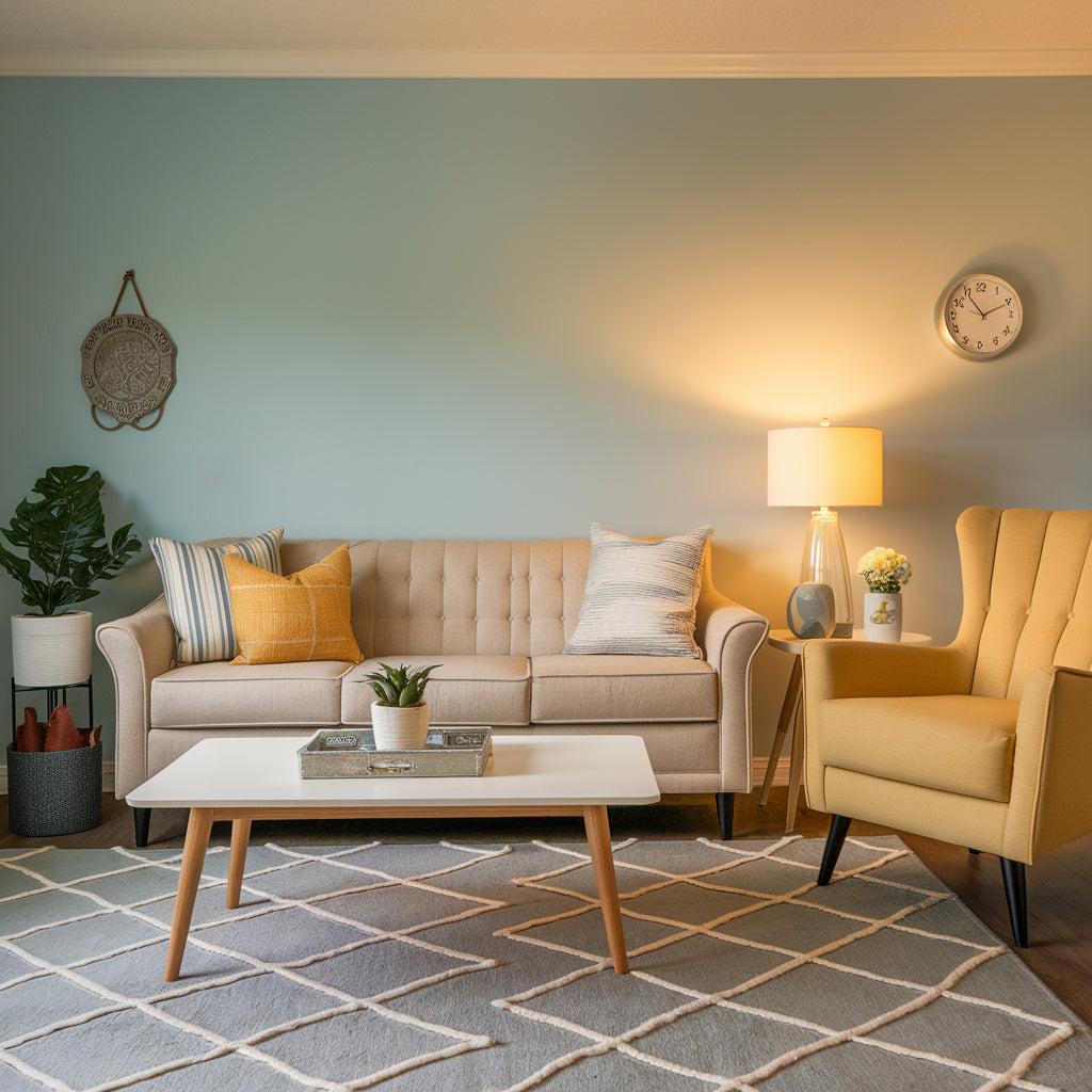 A photo of a living room with a beige couch, a yellow armchair, a white coffee table, and a gray rug. The walls are painted in a soft blue hue. There are also a few decorative items in the room, including a potted plant, a lamp, and a wall clock.