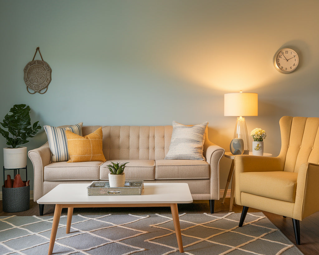 A photo of a living room with a beige couch, a yellow armchair, a white coffee table, and a gray rug. The walls are painted in a soft blue hue. There are also a few decorative items in the room, including a potted plant, a lamp, and a wall clock.