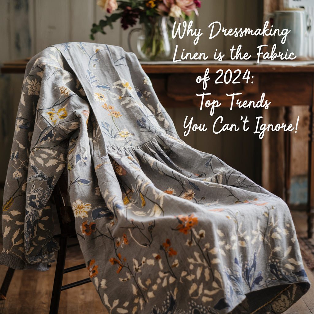 A photo of a dress made from linen fabric. The dress has a floral pattern and is draped over a chair. In the background, there's a wooden table with a vase of flowers. 