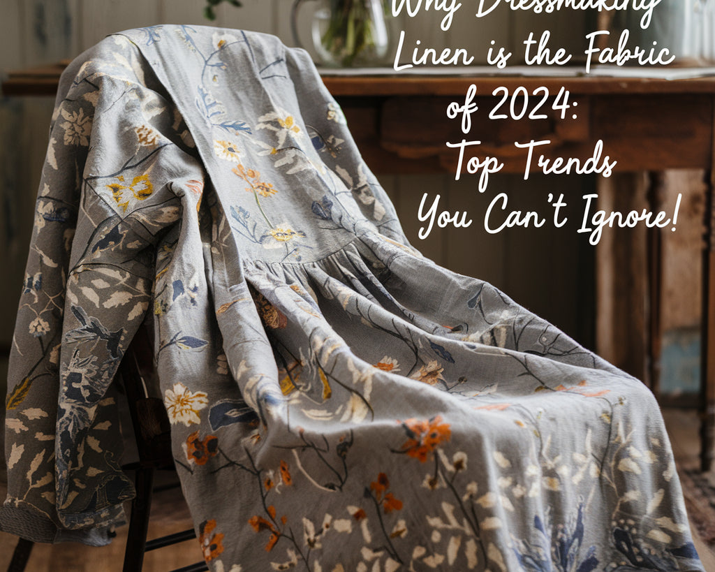 A photo of a dress made from linen fabric. The dress has a floral pattern and is draped over a chair. In the background, there's a wooden table with a vase of flowers. 