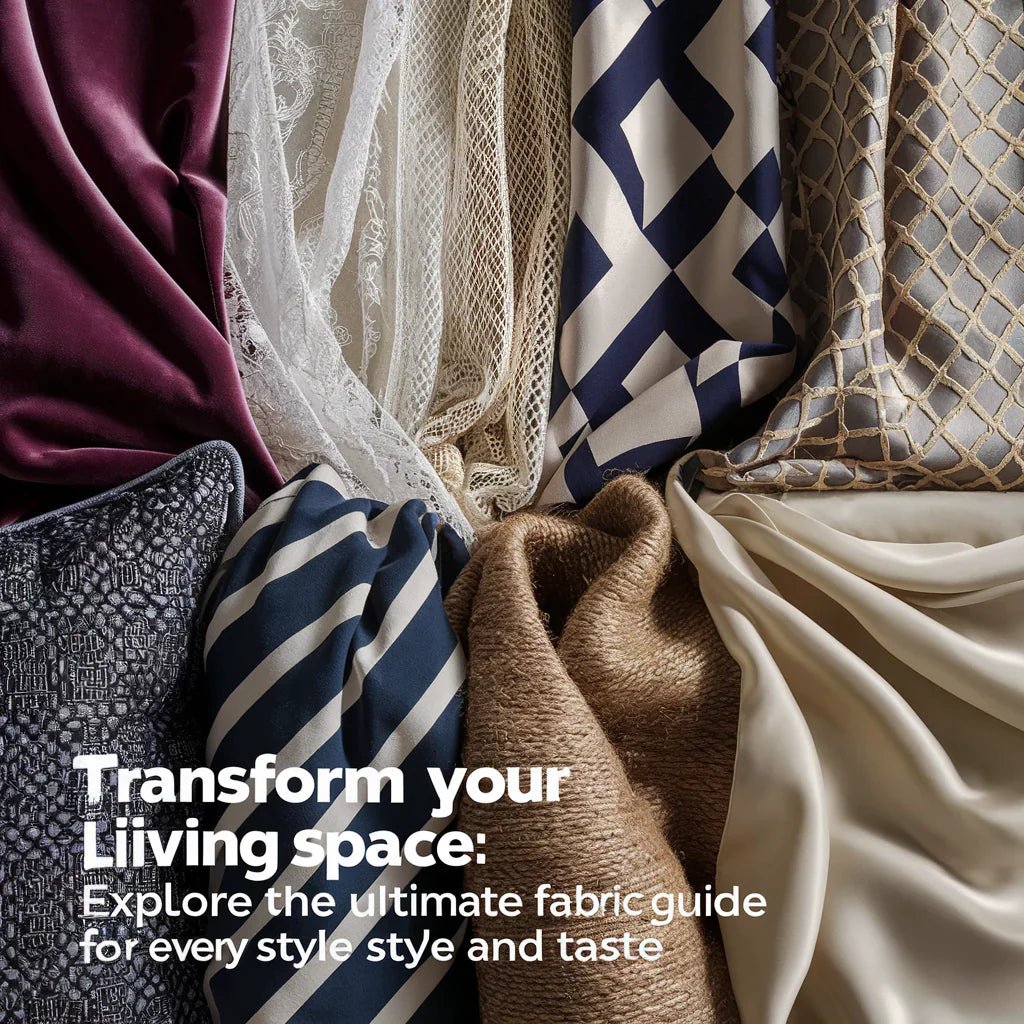 A visually enticing cover image featuring a diverse array of luxurious fabrics, each representing a unique home décor style. The fabrics include a plush velvet, a delicate lace, a bold geometric print, a natural jute, and a soft, flowing silk.