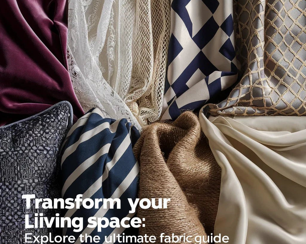 A visually enticing cover image featuring a diverse array of luxurious fabrics, each representing a unique home décor style. The fabrics include a plush velvet, a delicate lace, a bold geometric print, a natural jute, and a soft, flowing silk.