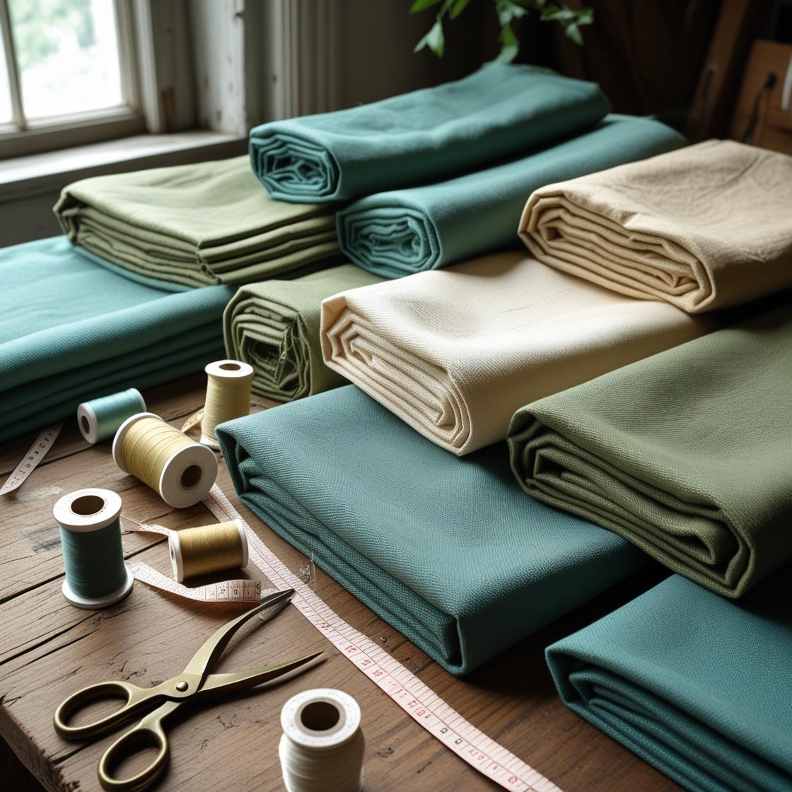 A neatly arranged display of various duck canvas fabric rolls and folded pieces on a wooden table, showcasing a range of textures and colors.