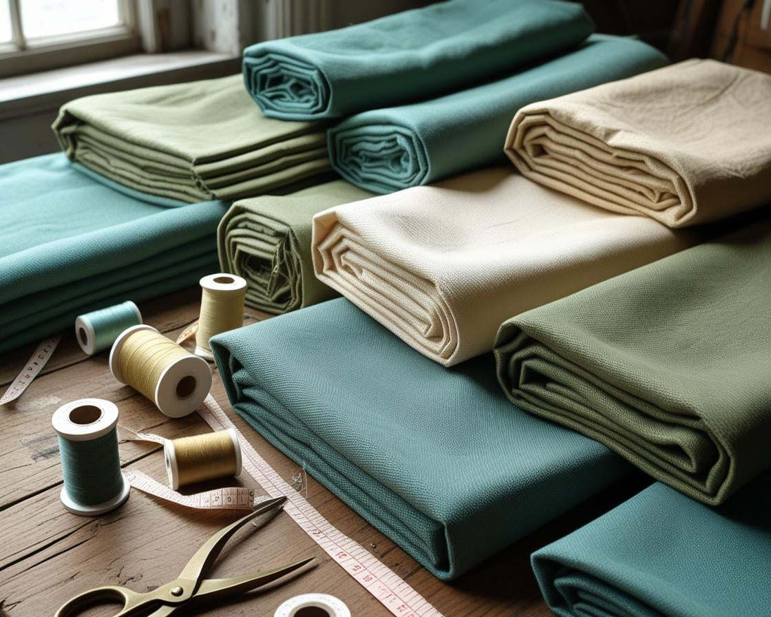 A neatly arranged display of various duck canvas fabric rolls and folded pieces on a wooden table, showcasing a range of textures and colors.