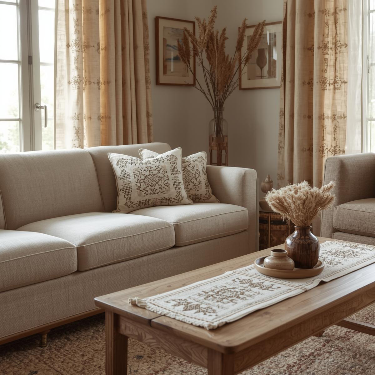 Modern living room with cross-stitch linen sofa, curtains, and table runner in warm earthy tones.