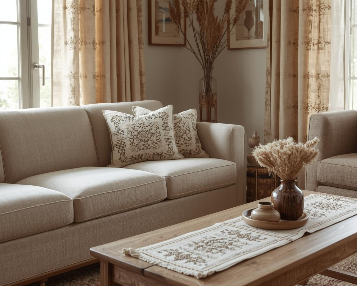 Modern living room with cross-stitch linen sofa, curtains, and table runner in warm earthy tones.