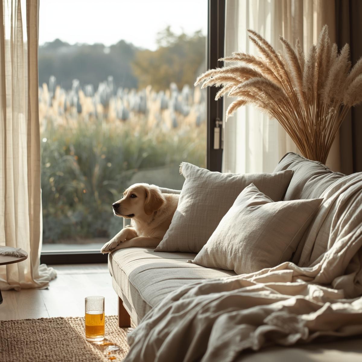 Cozy fall living room with flax linen throws, cushions, and curtains beside a dreamy flax field backdrop.