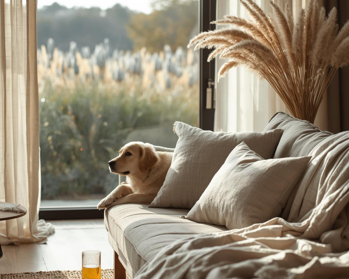 Cozy fall living room with flax linen throws, cushions, and curtains beside a dreamy flax field backdrop.