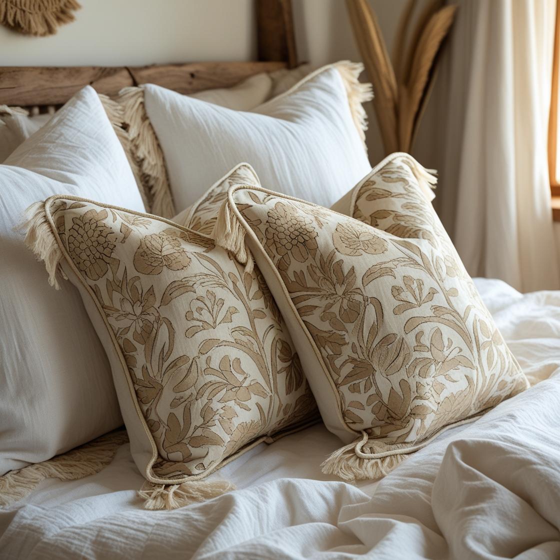 A boho-modern bedroom with a white linen bed layered with pillows. 