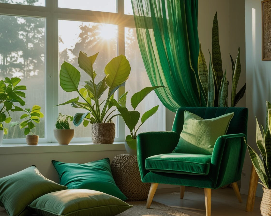 A bright, stylish interior room scene in a modern American home, featuring sustainable green fabric decor elements—like throw pillows, curtains, and an upholstered chair.