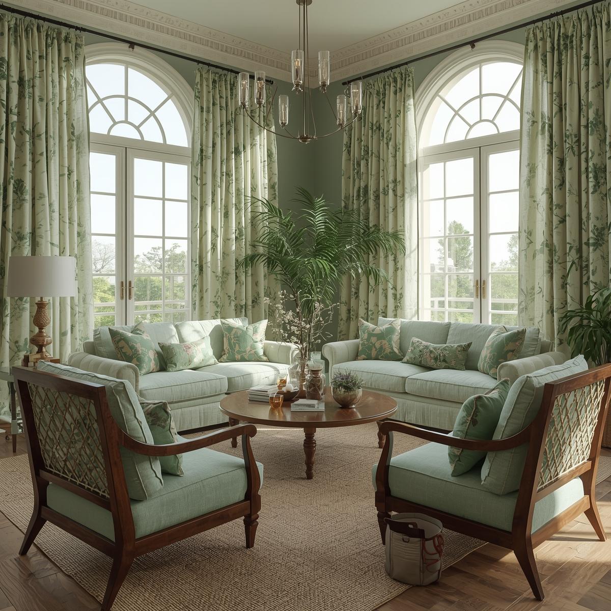 Vintage-inspired green floral fabric draped on a modern sofa, blending soft mint and emerald tones with a cozy, contemporary living room.