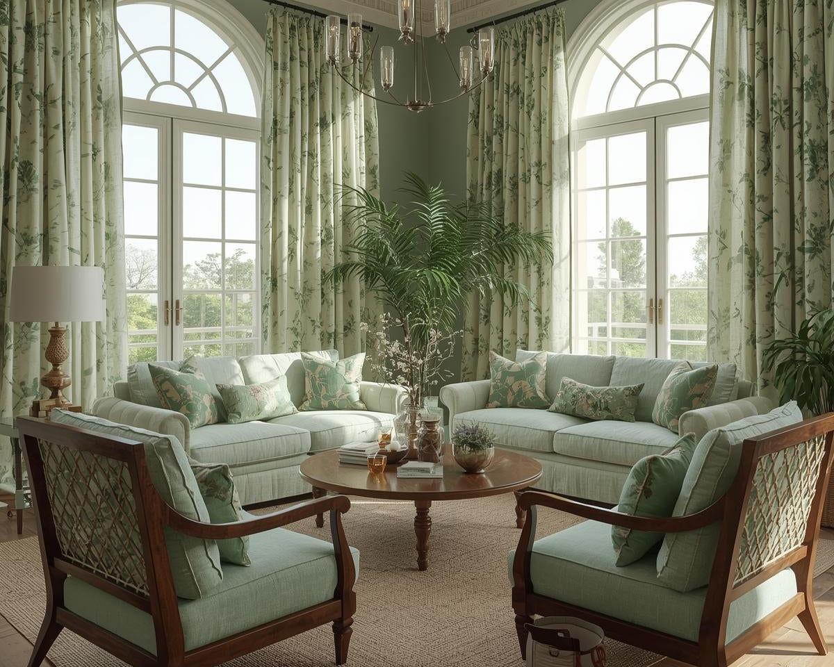 Vintage-inspired green floral fabric draped on a modern sofa, blending soft mint and emerald tones with a cozy, contemporary living room.