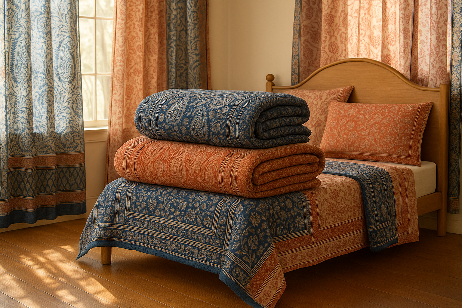 Modern American bedroom styled with handcrafted Indian cotton quilts and block printed bedding, featuring floral and paisley patterns in earthy tones with soft natural light and artisanal wooden decor.