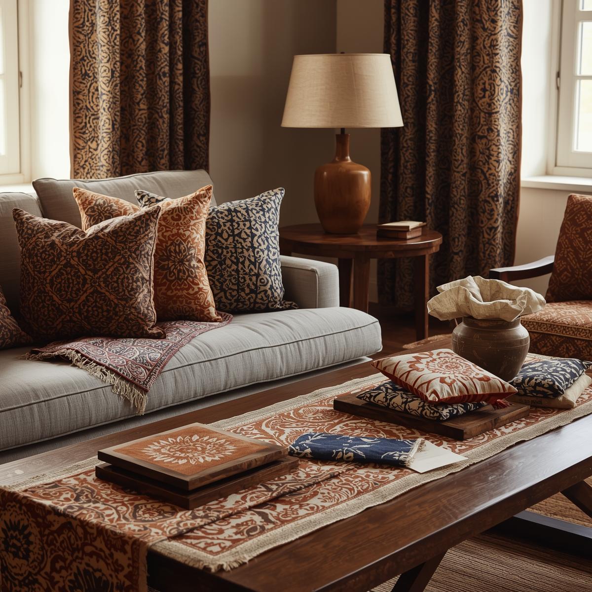 Handcrafted woodblock printed pillows, curtains, and lampshades in a modern USA living room, showcasing the return of traditional block printing in 2025 home décor.